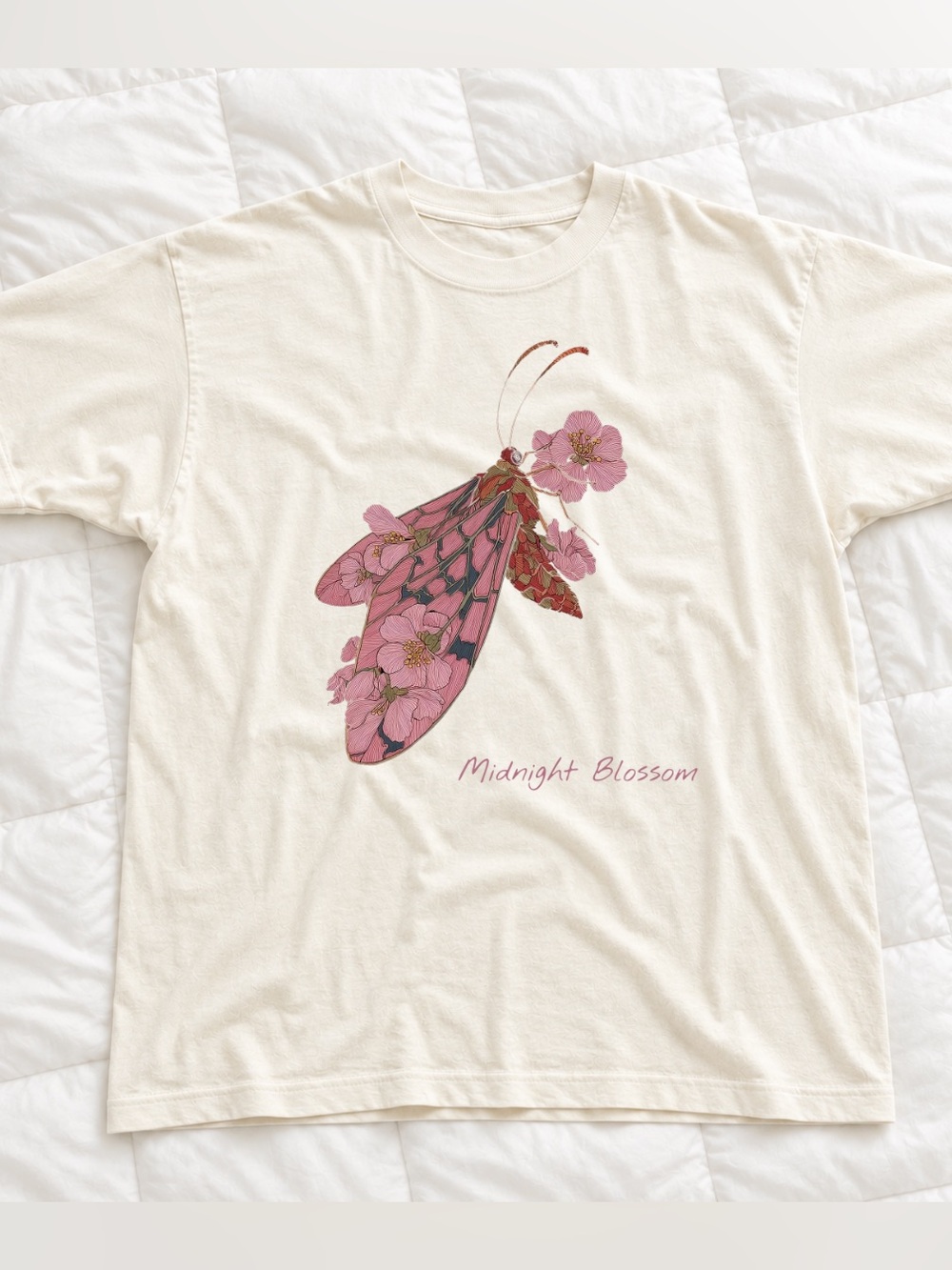 Midnight Blossom Graphic Tee, Gildan Off White Butterfly with Pink Floral Moth
